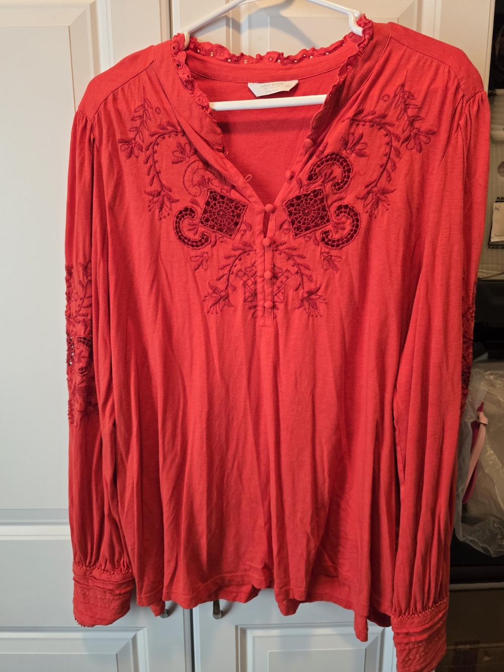 Lucky Brand Red Embroidered Long-Sleeve Tunic
